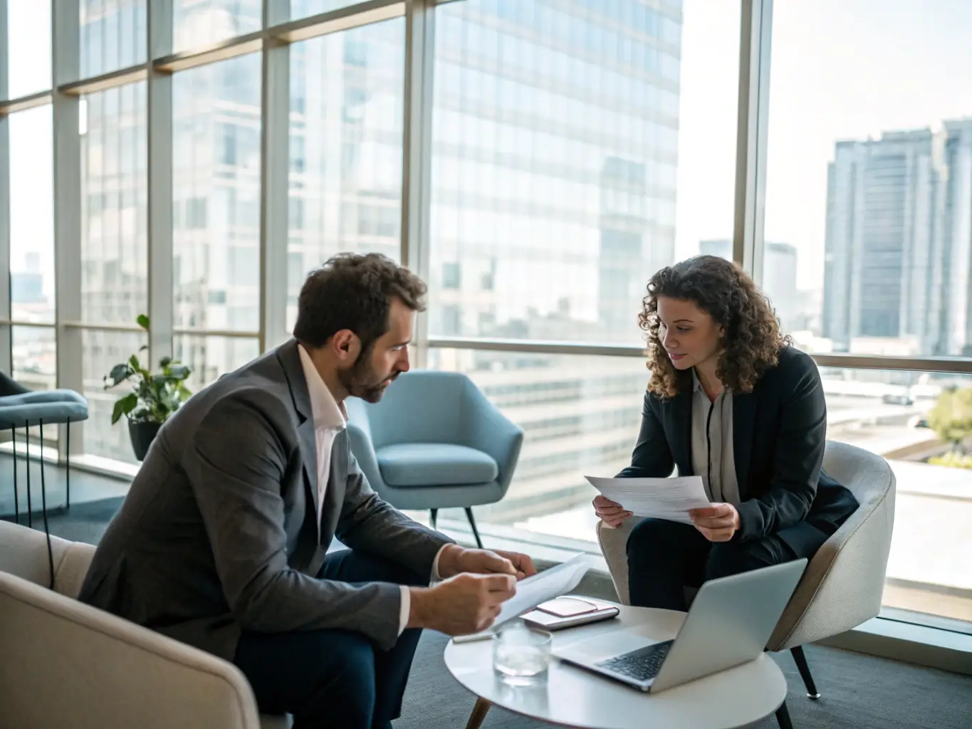 A focused financial consultant reviewing investment portfolios with a small business owner in a modern office setting, emphasizing growth opportunities.